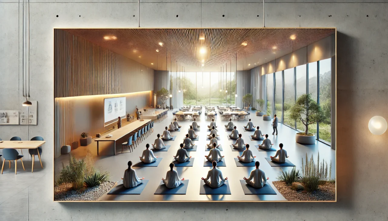 DALL·E 2025-11-25 14.46.31 - A realistic, serene promotional banner illustrating a modern meditation and learning center. The scene features a spacious meditation hall with people